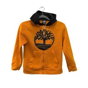Timberland Zip Up Hoodie Kids Size 8 Orange Black Tree Logo TLFDB07F-756